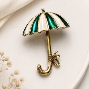 Gerrys Vintage Umbrella Brooch Green White Enamel Gold Tone Parasol Pin Summer